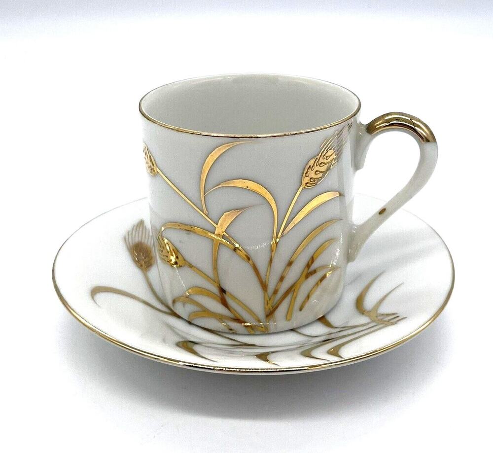 Lefton China Hand Painted Tea Cup & Saucer # 1977 White & Gold Wheat 2.25" Tall